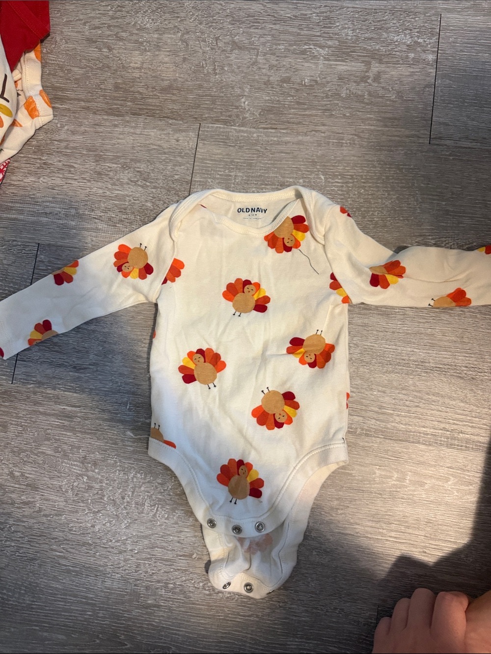 Old Navy Cream Long-Sleeve Baby One-Piece with Orange and Red Turkey Print